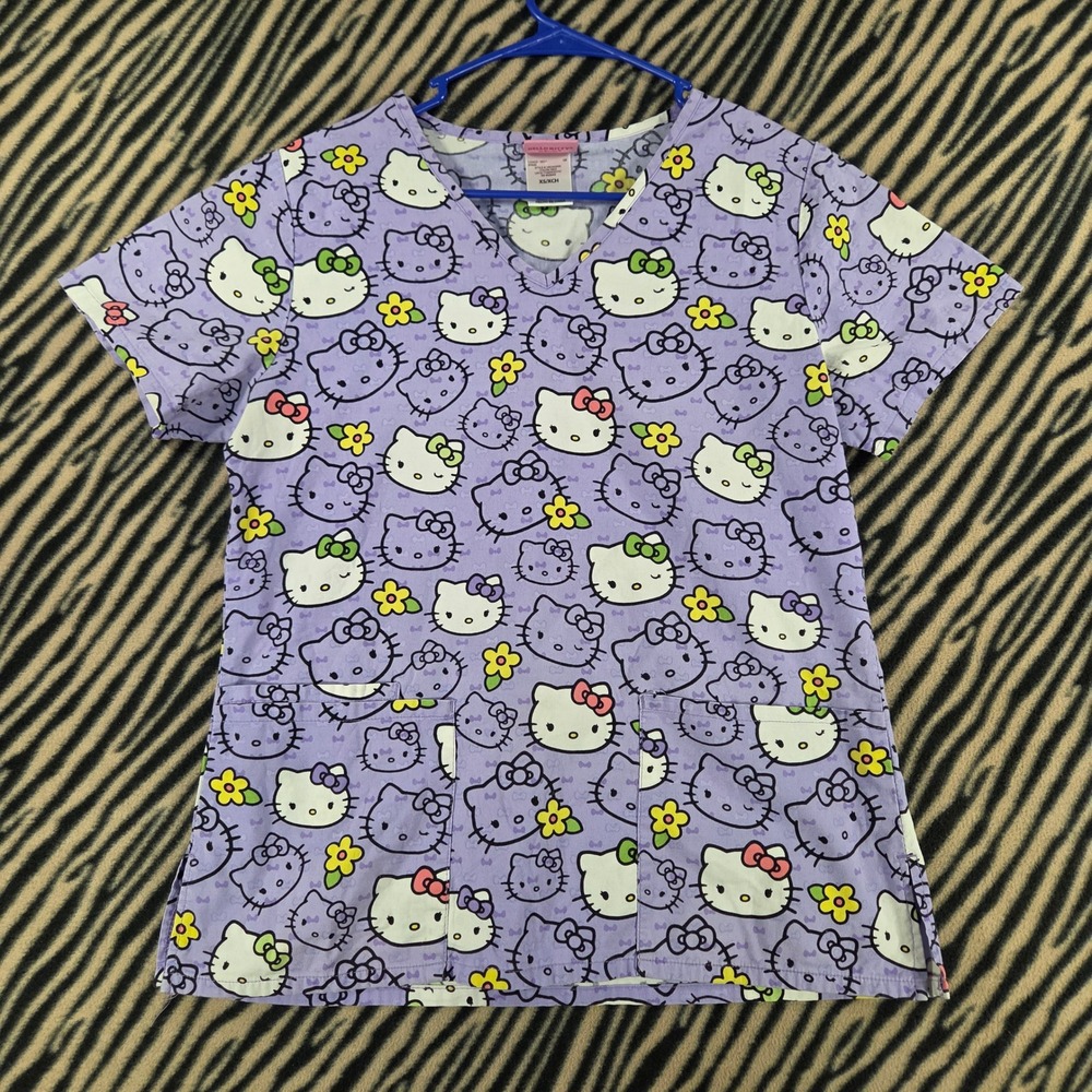 Hello Kitty Medical Scrub Top Purple Sanrio All Over Print 100% Cotton XS
